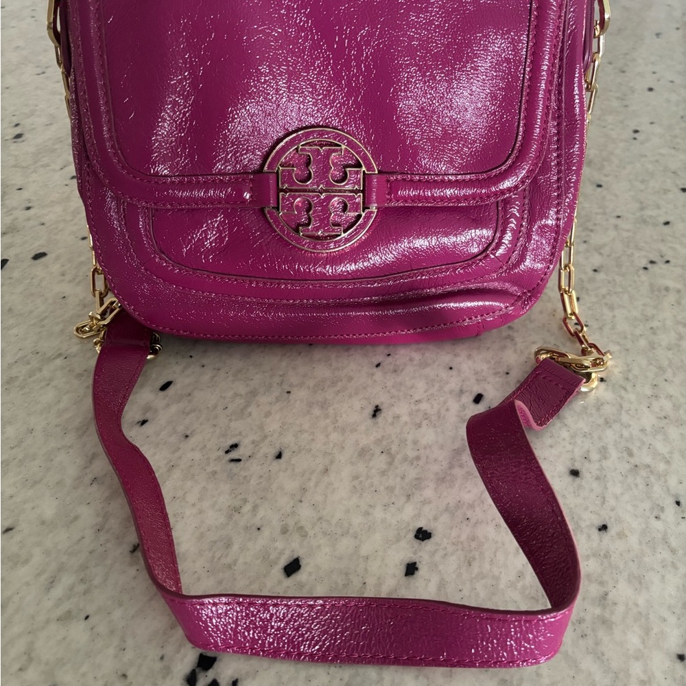 Tory Burch Metallic Pink Crossbody Bag with Gold Logo
